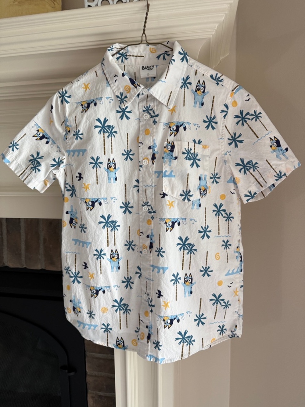 Bluey Boys' Short Sleeve Button-Down Shirt - White with Blue Print